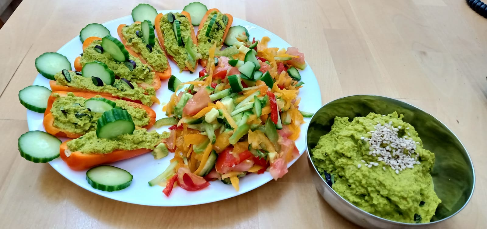 Veg Salad with Stuffed Peppers and Chutney